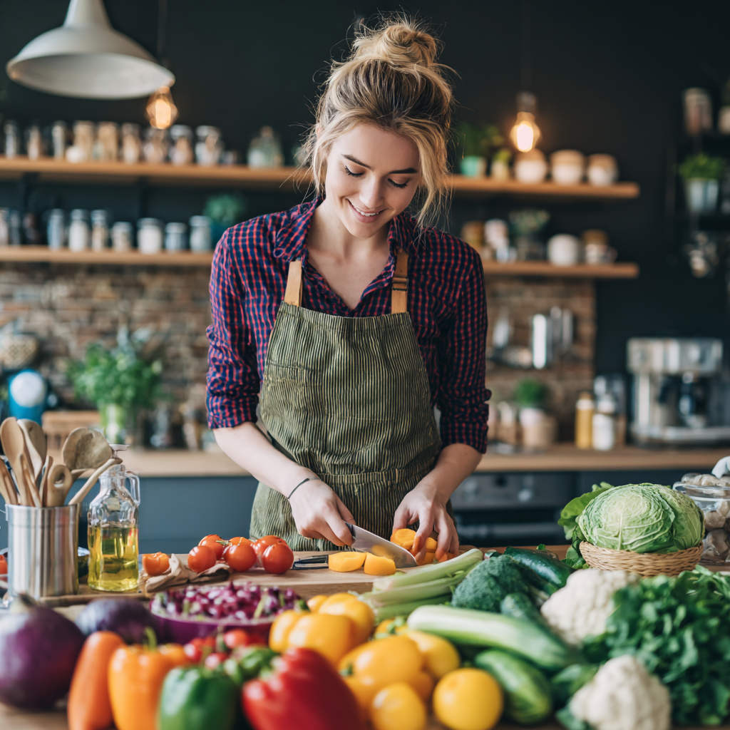 Adult woman preparing balanced healthy meals in modern kitchen with colorful vegetables