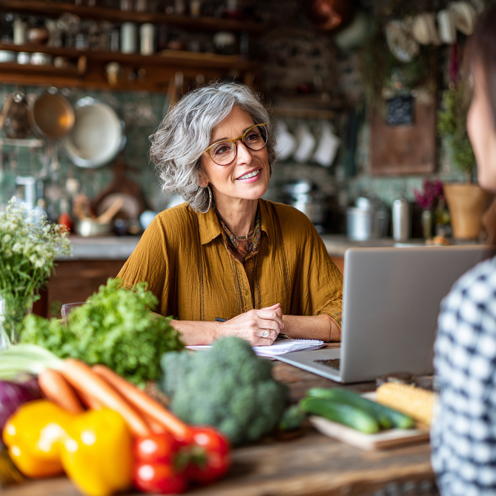 Middle-aged nutritionist consulting with adult client about personalized meal planning
